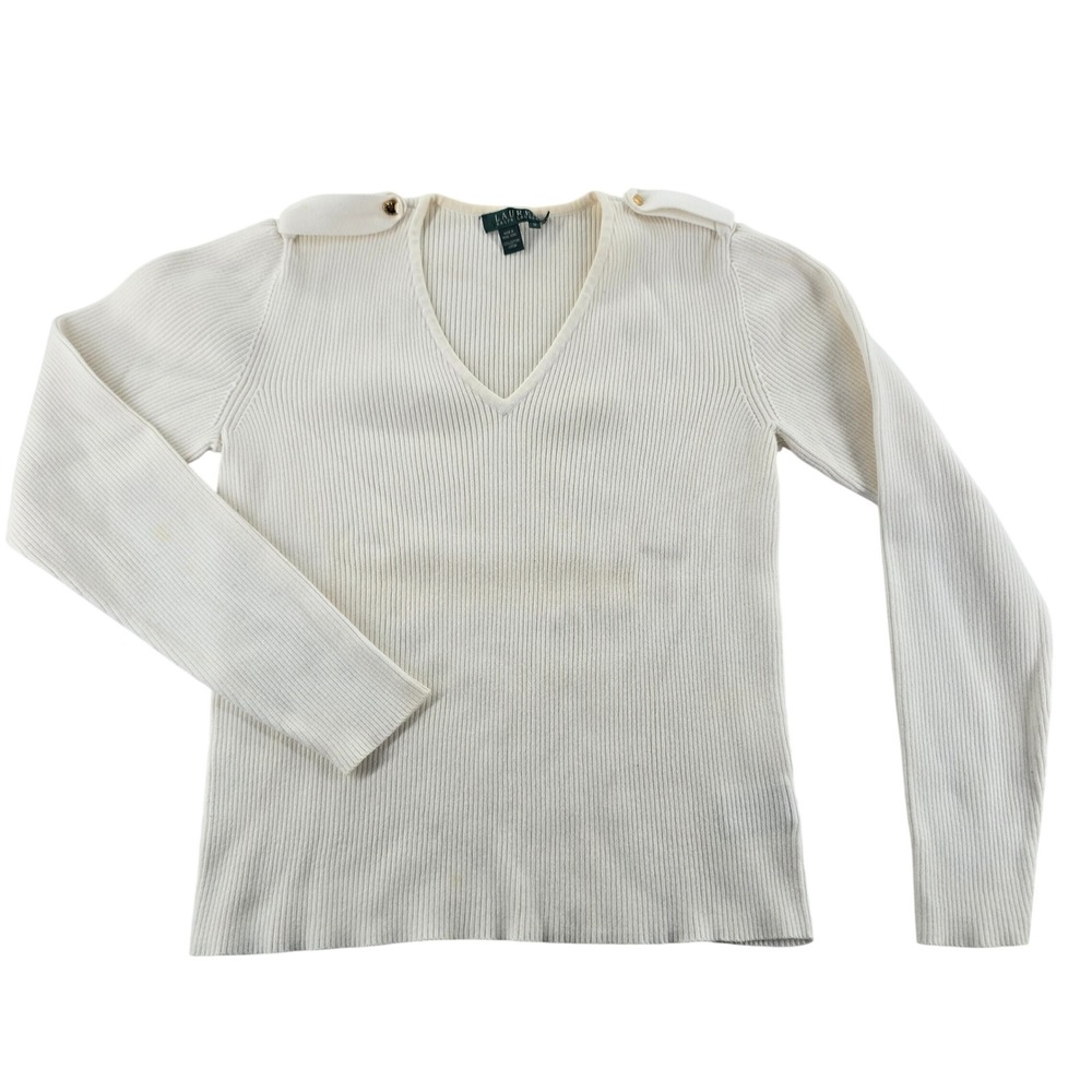 Lauren Ralph Lauren Womens Sweater M Cream V Neck Cotton Gold Button